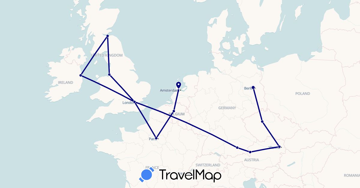 TravelMap itinerary: driving in Austria, Belgium, Czech Republic, Germany, France, United Kingdom, Ireland, Netherlands (Europe)